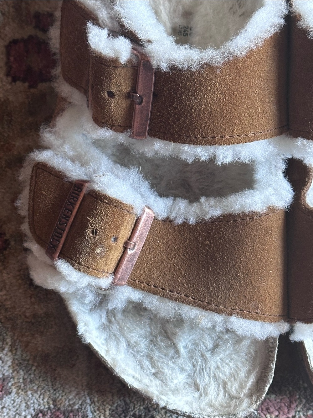 Birkenstock Suede Shearling Arizona Sandals in Chestnut and White - Picture 4 of 8